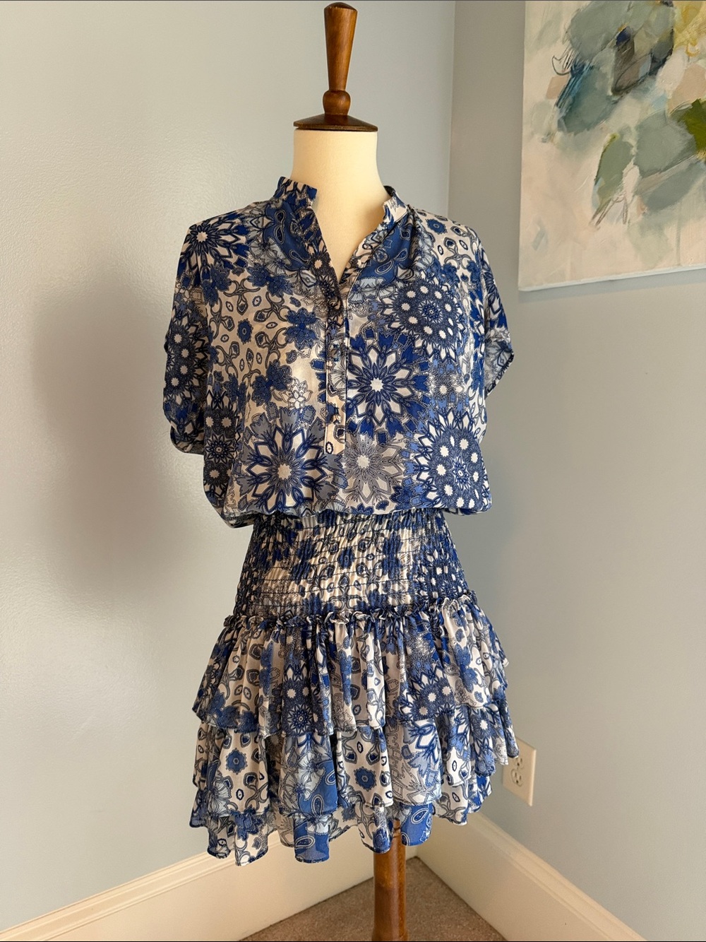 Misa Los Angeles Blue and White Floral Short-Sleeve Blouse & Tiered Skirt Set